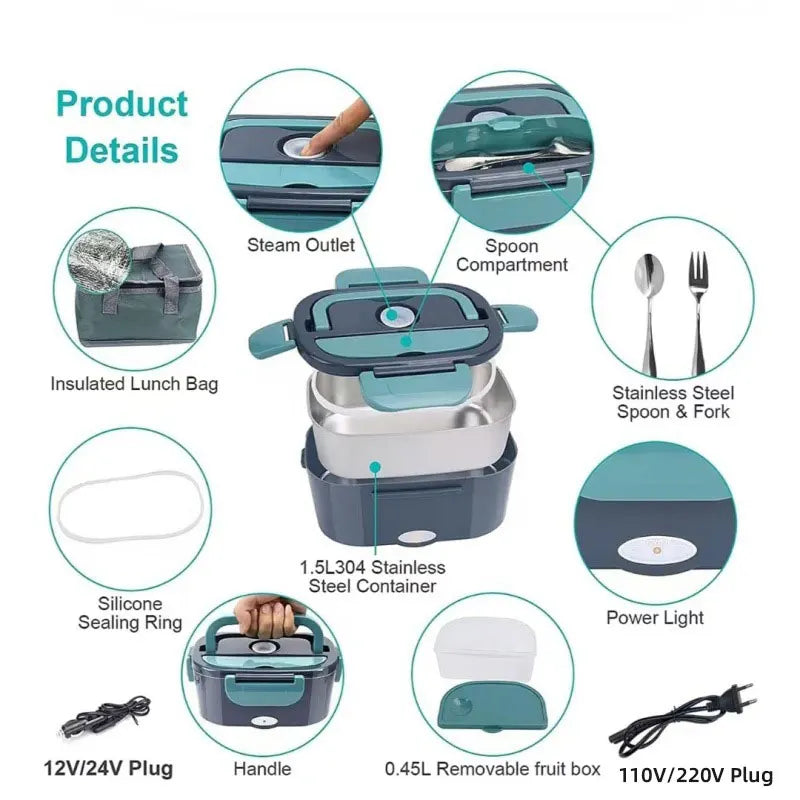 1.5L Portable Electric Lunch Box,60W Car and Home/Office Dual-Use,304 Stainless Steel Heated Lunch Box Set,12V/24V 110V/220V